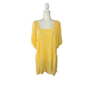 Shinestar square neck tiered butter yellow babydoll dress with blouson sleeves -